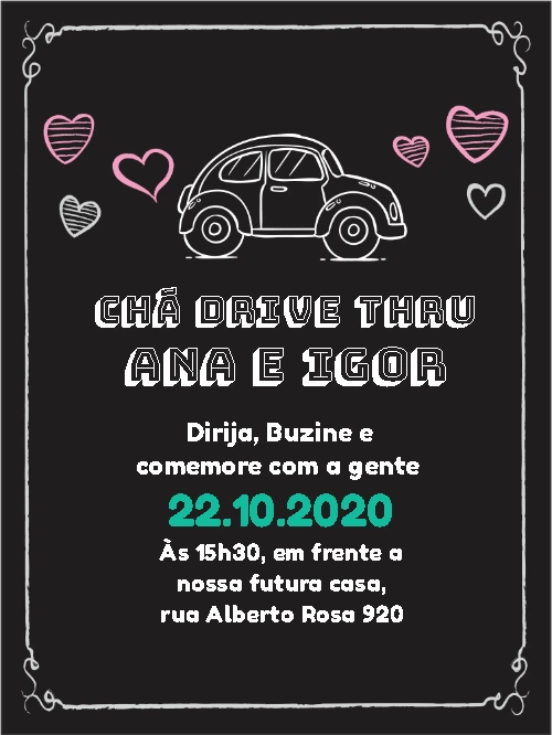 Convite Chá Drive Thru Quadro Negro para Editar Online