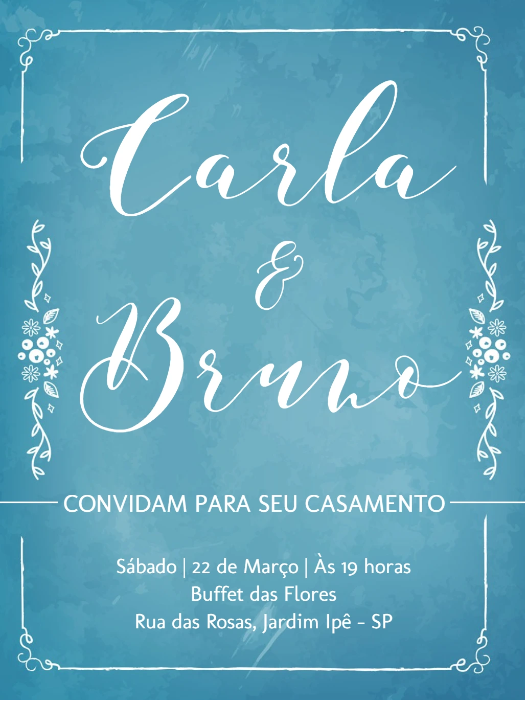 Convite de Casamento Aquarela Azul com Arabescos para Editar