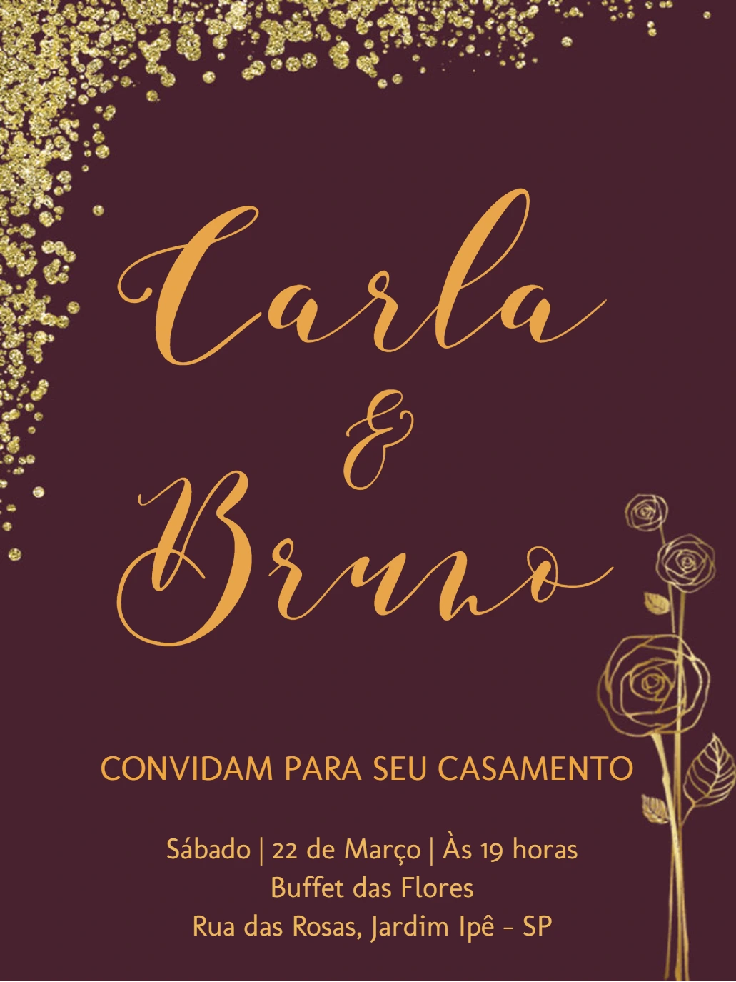 Convite de Casamento Marsala e Dourado para Editar Online