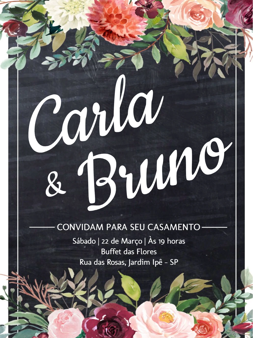 Convite de Casamento Floral Lousa para Editar Online