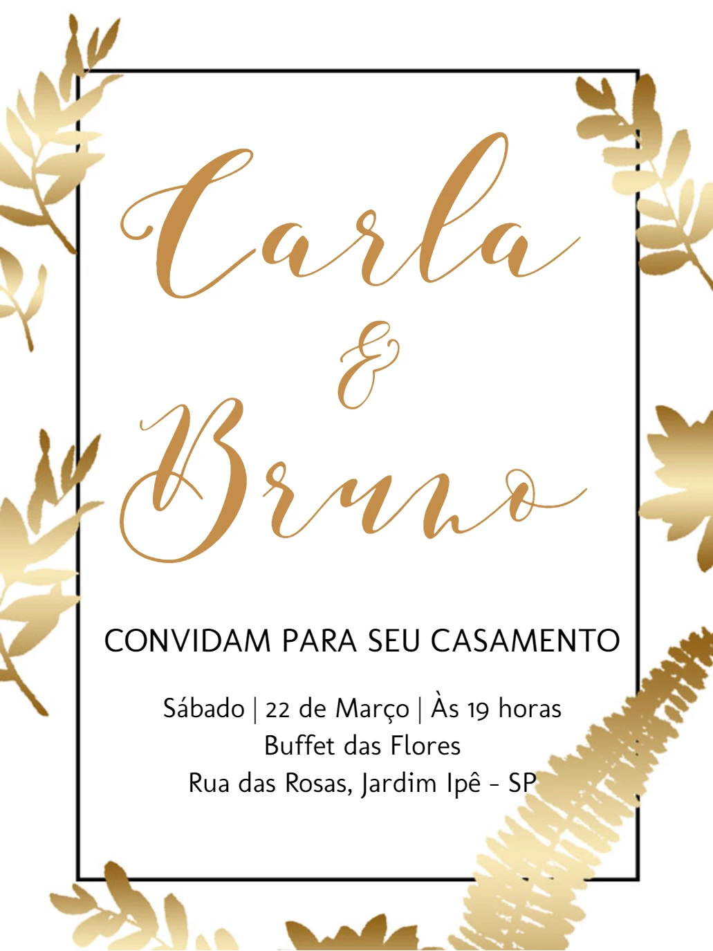 Convite de Casamento Folhagem Dourada para Editar Online