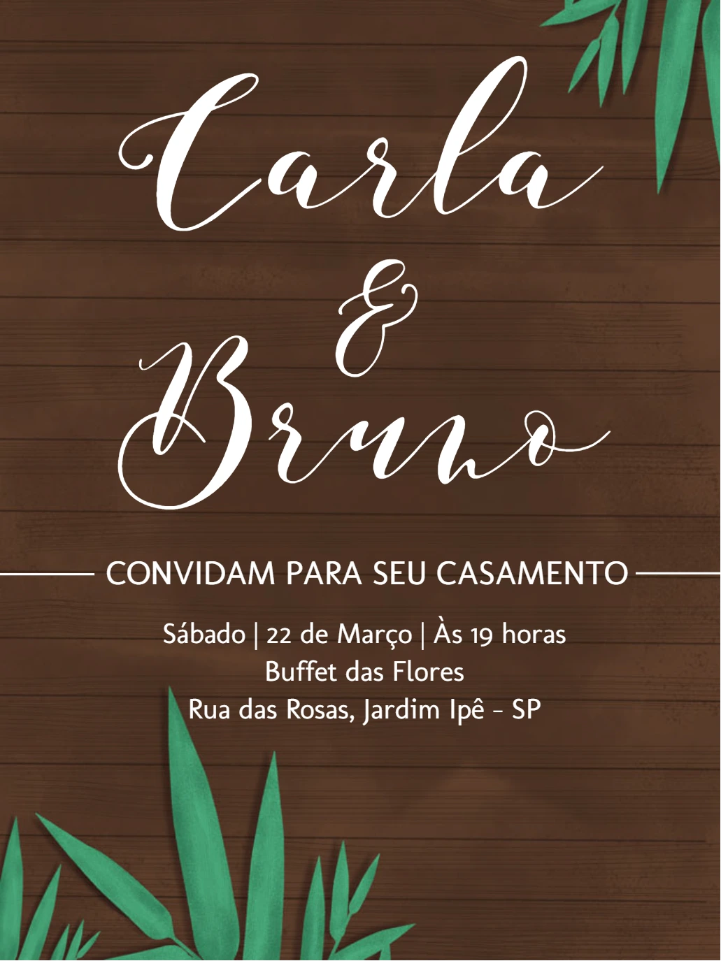 Convite de Casamento Rústico com Folhagens para Editar Online