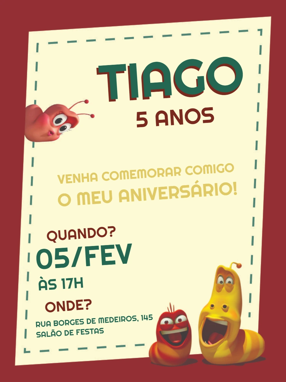 Convite de Aniversário Larva com Personagens para Editar Online