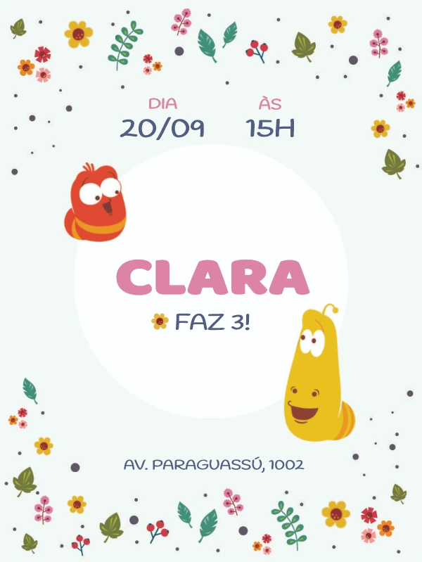 Convite de Aniversário Larva com Personagens para Editar Online