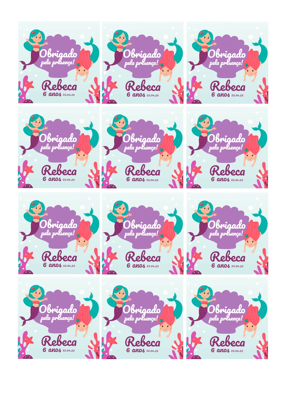 Tag de Aniversário Sereia Editável para Lembrancinha