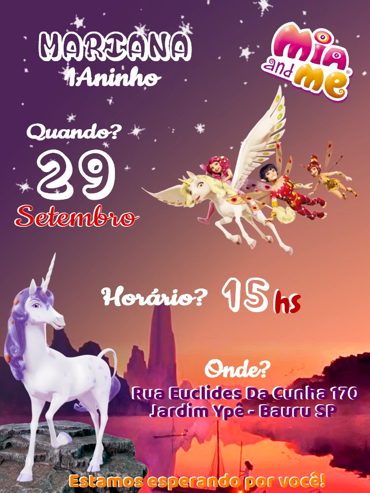 Convite de Aniversário Mundo de Mia com Unicórnio para Editar