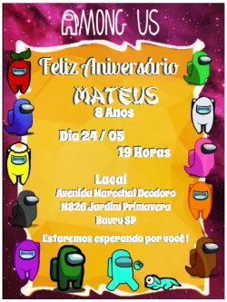 Convite de Aniversário Among Us com Tripulantes para Editar