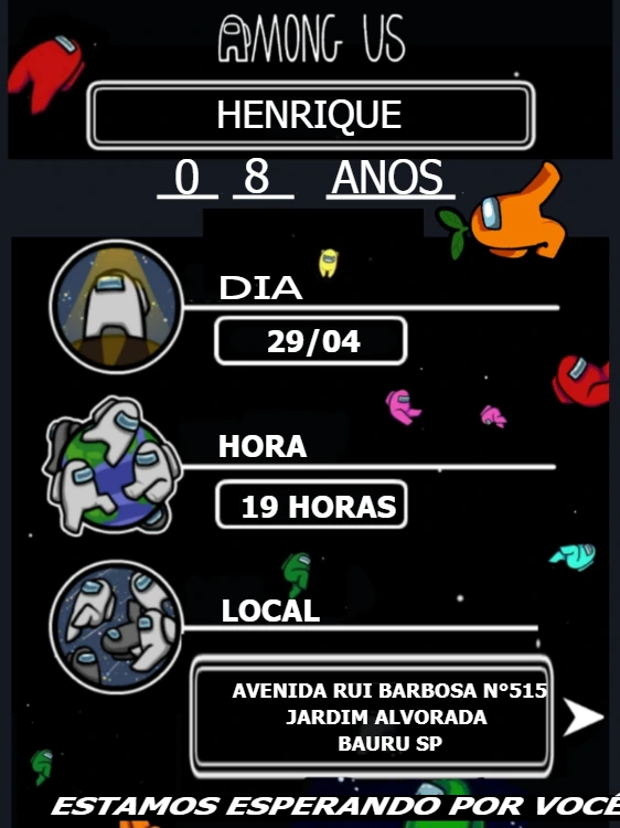 Convite de Aniversário Among Us com Personagens para Editar