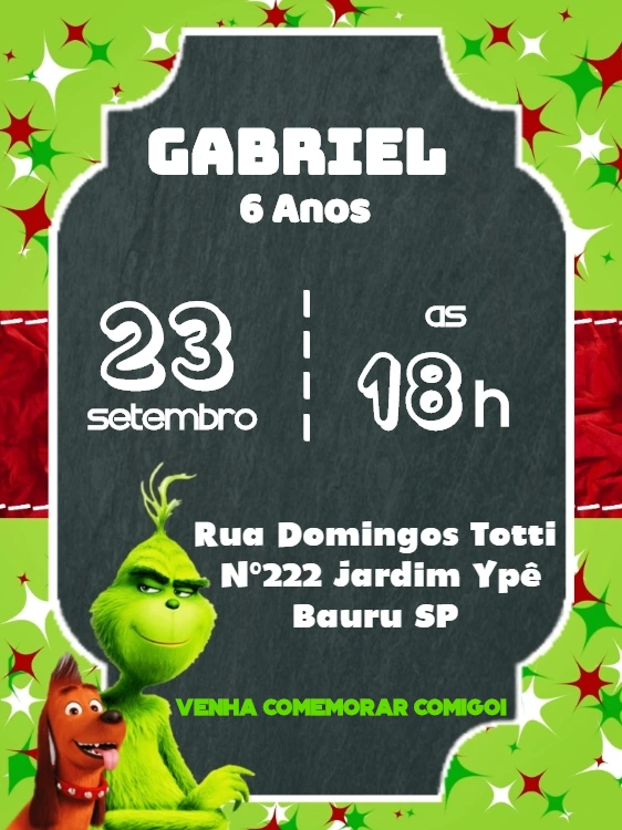 Convite de Aniversário Grinch para Editar Online com Personagem