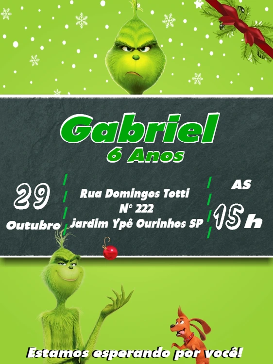 Convite de Aniversário Grinch para Editar Online e Imprimir