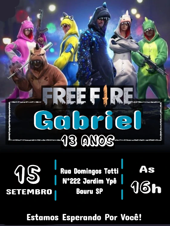 Convite de Aniversário Free Fire com Skins para Editar Online