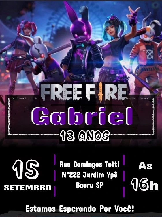 Convite de Aniversário Free Fire com Personagens para Editar