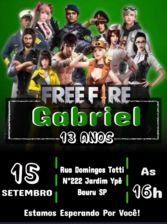 Convite de Aniversário Free Fire com Personagens para Editar