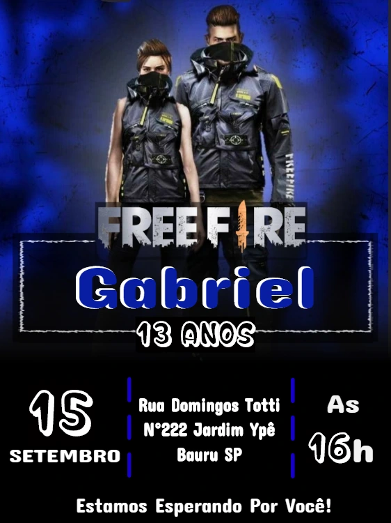 Convite de Aniversário Free Fire com Personagens para Editar