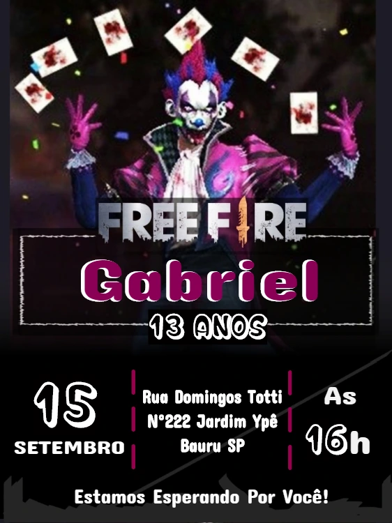 Convite Aniversário Free Fire com Personagem para Editar Online