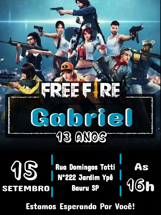 Convite Aniversário Free Fire com Personagens para Editar Online