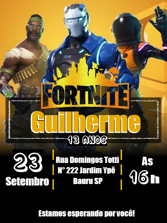 Convite de Aniversário Fortnite com Personagens para Editar