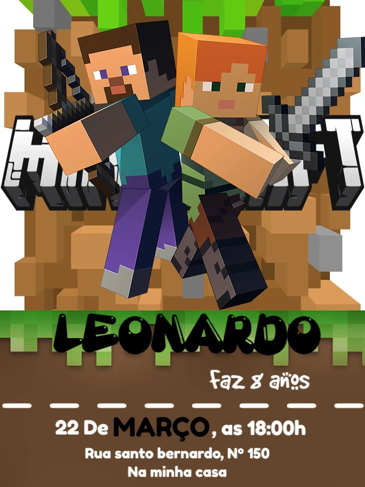 Convite de Aniversário Minecraft com Steve e Alex para Editar