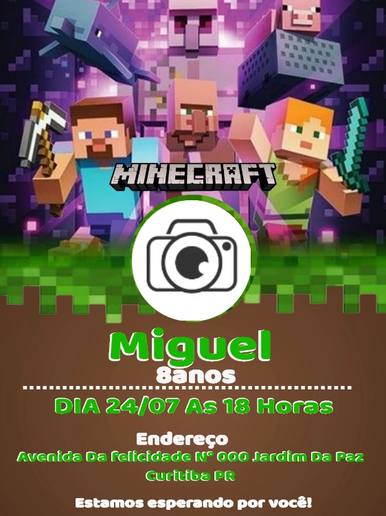 Convite Aniversário Minecraft com Foto para Editar Online