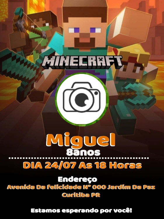 Convite de Aniversário Minecraft com Foto para Editar Online