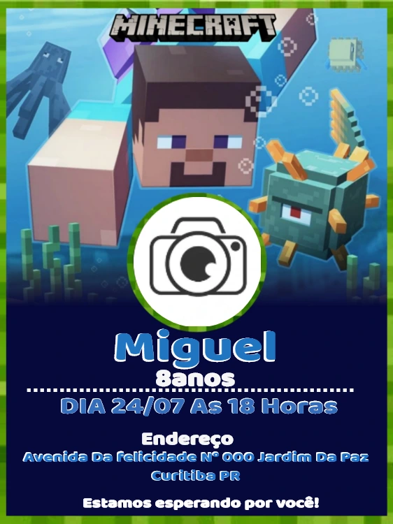 Convite Aniversário Minecraft com Foto para Editar Online