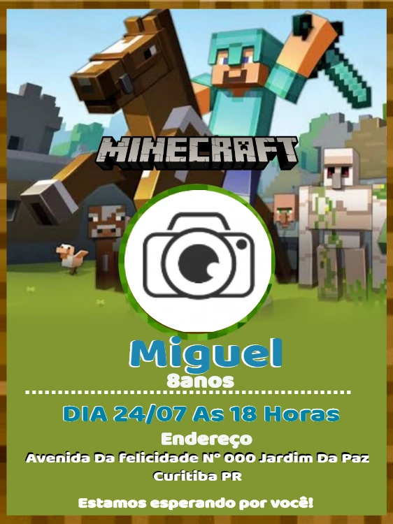 Convite de Aniversário Minecraft com Foto para Editar Online