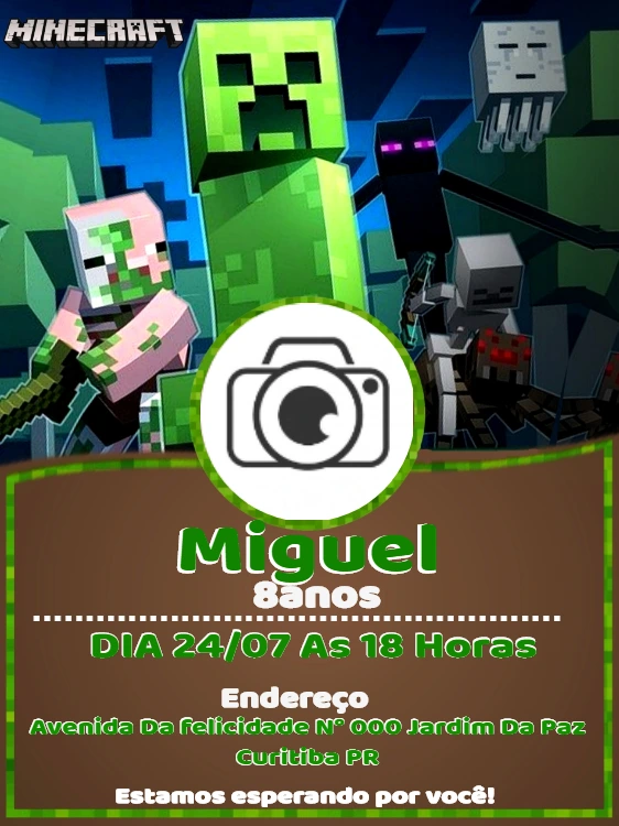 Convite de Aniversário Minecraft com Foto para Editar Online