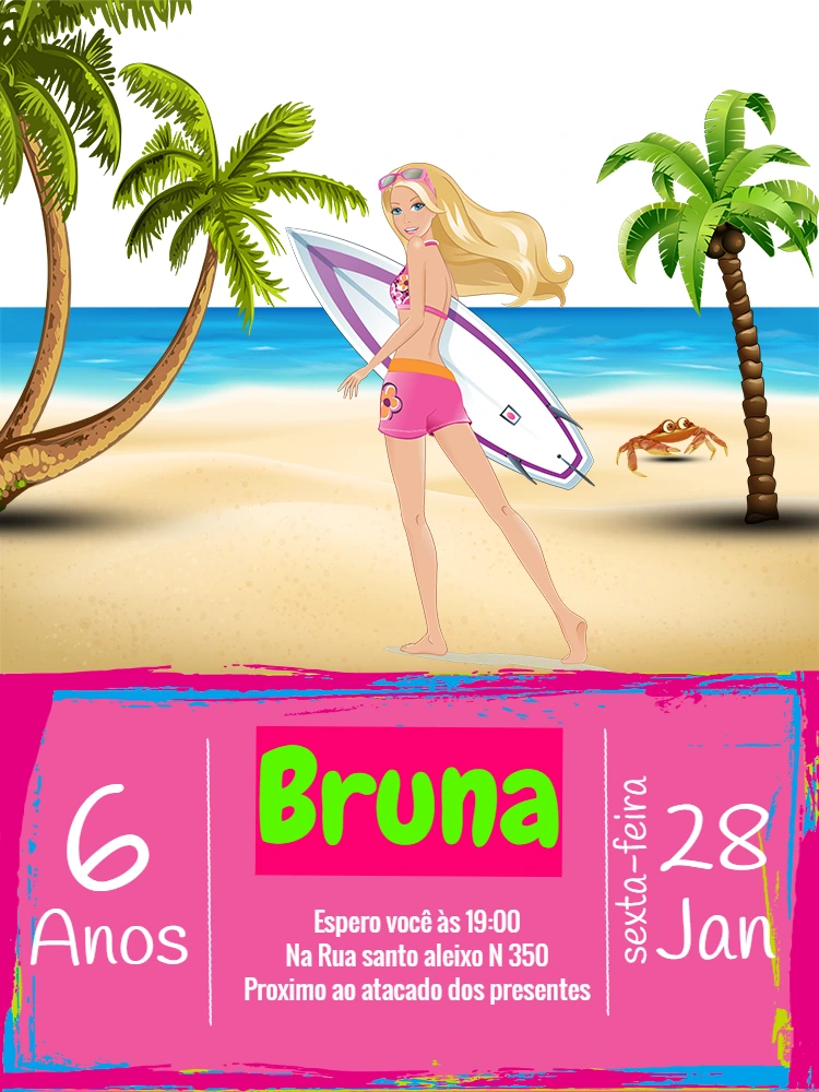 Convite de Aniversário Barbie Surfista para Editar Online