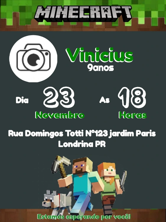 Convite Aniversário Minecraft com Foto para Editar Online