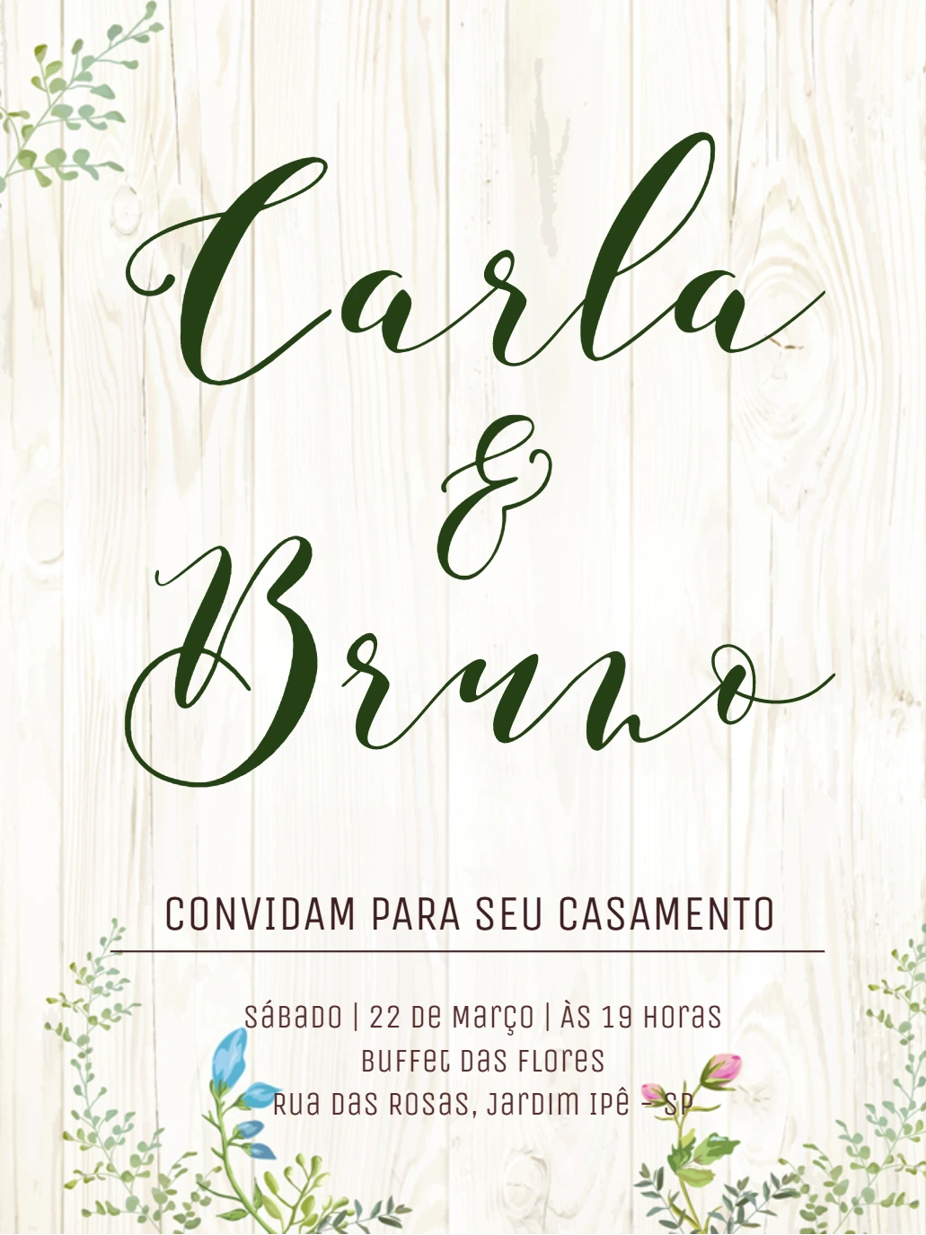 Convite de Casamento Rústico Floral para Editar Online