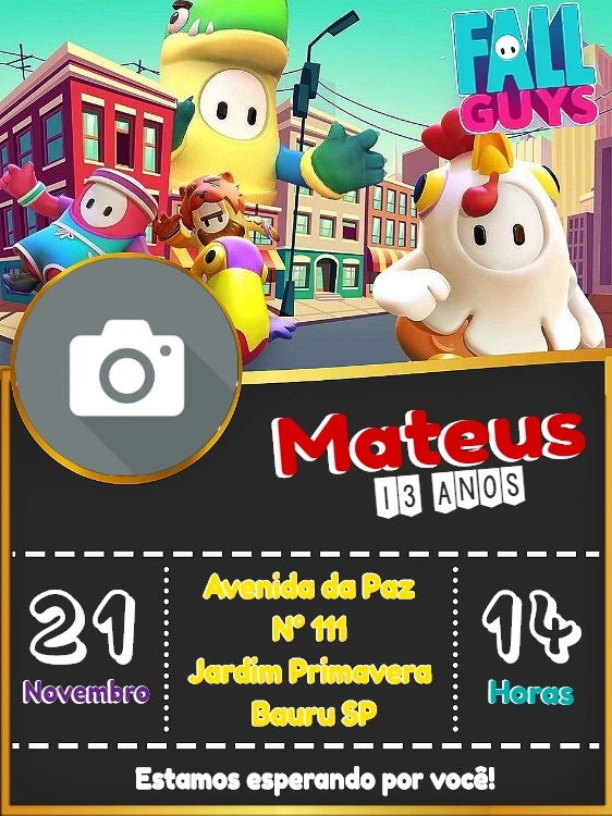Convite Aniversário Fall Guys com Foto para Editar Online