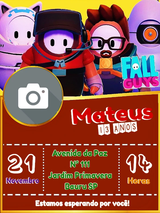 Convite Aniversário Fall Guys com Foto para Editar Online