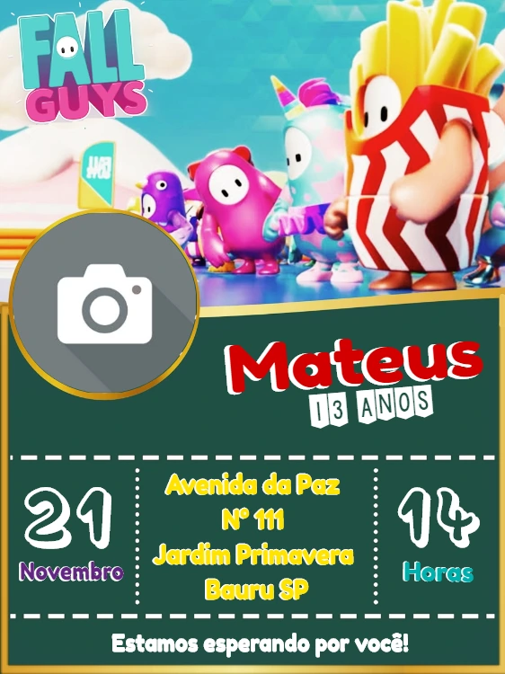Convite Aniversário Fall Guys com Foto para Editar Online
