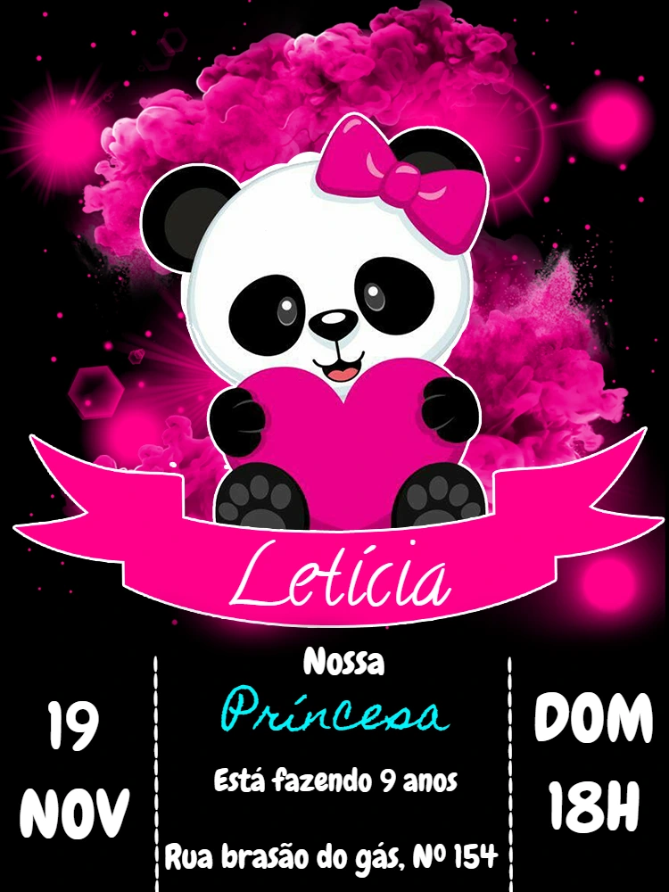 Convite Aniversário Panda Menina Rosa para Editar Online