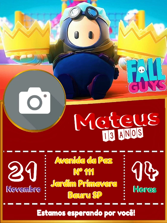 Convite Aniversário Fall Guys com Foto para Editar Online