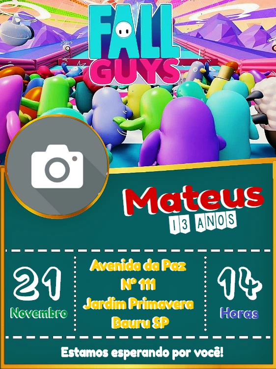 Convite Aniversário Fall Guys com Foto para Editar Online