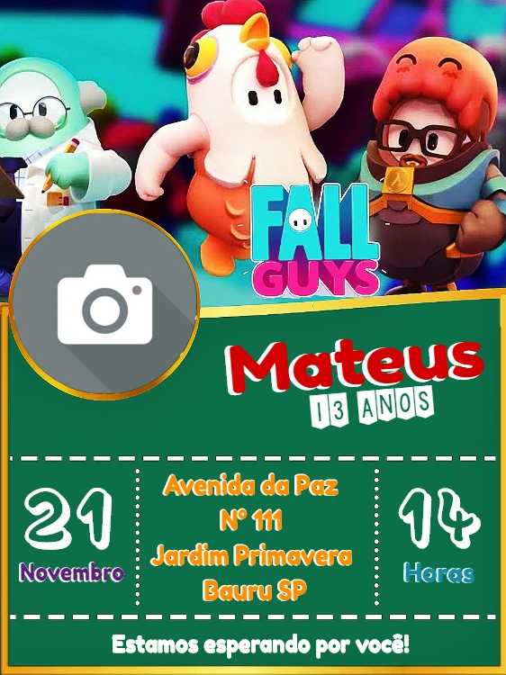 Convite de Aniversário Fall Guys com Foto para Editar Online