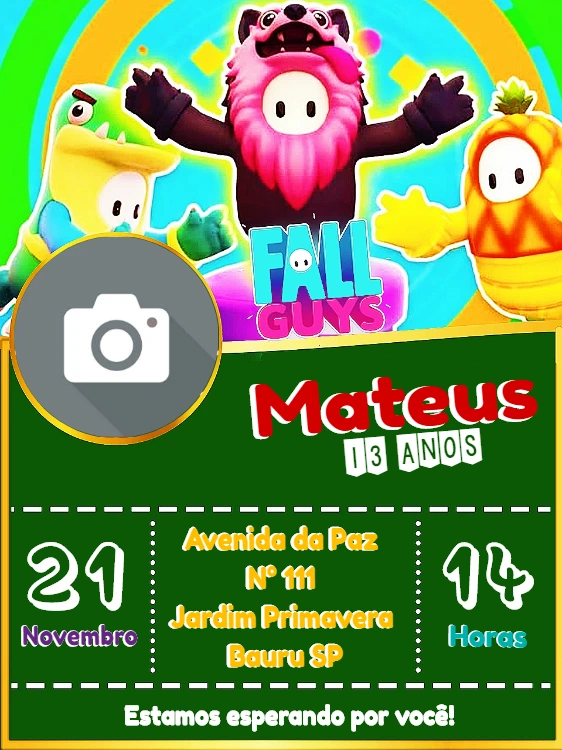 Convite Aniversário Fall Guys com Foto para Editar Online
