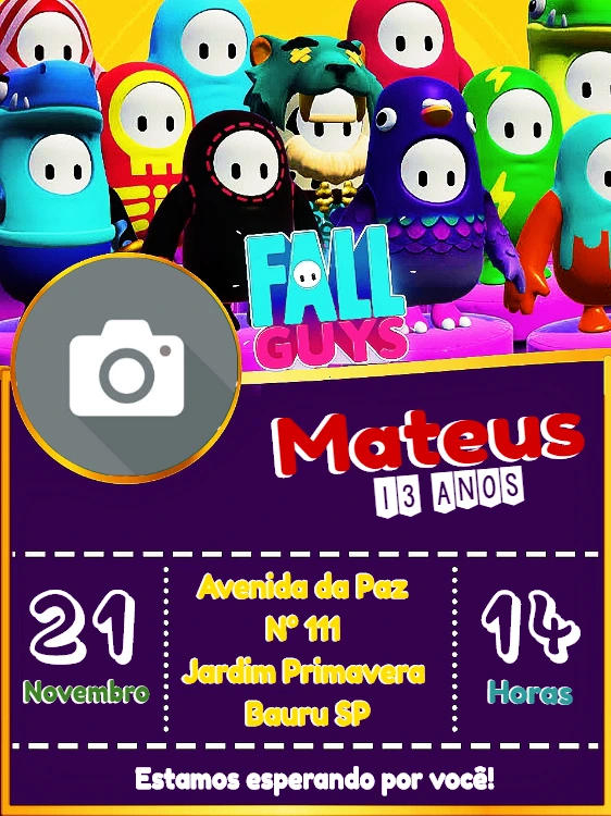 Convite Aniversário Fall Guys com Foto para Editar Online