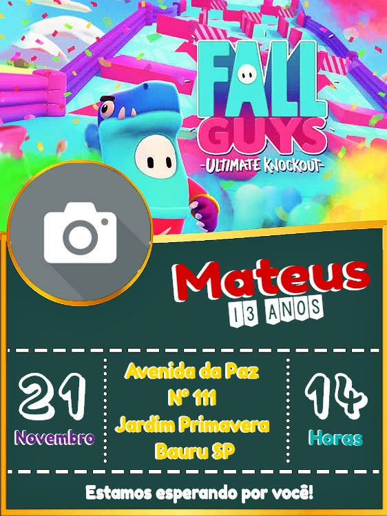 Convite Aniversário Fall Guys com Foto para Editar Online