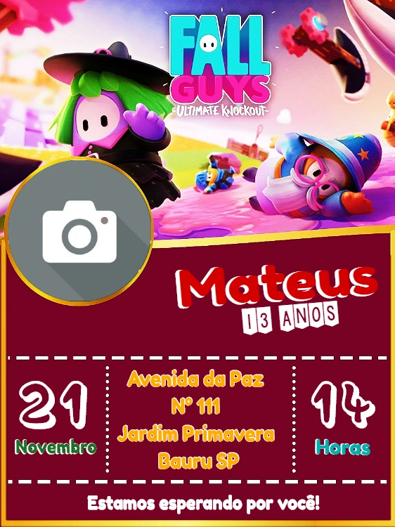 Convite de Aniversário Fall Guys com Foto para Editar Online