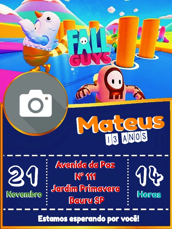 Convite Aniversário Fall Guys com Foto para Editar Online