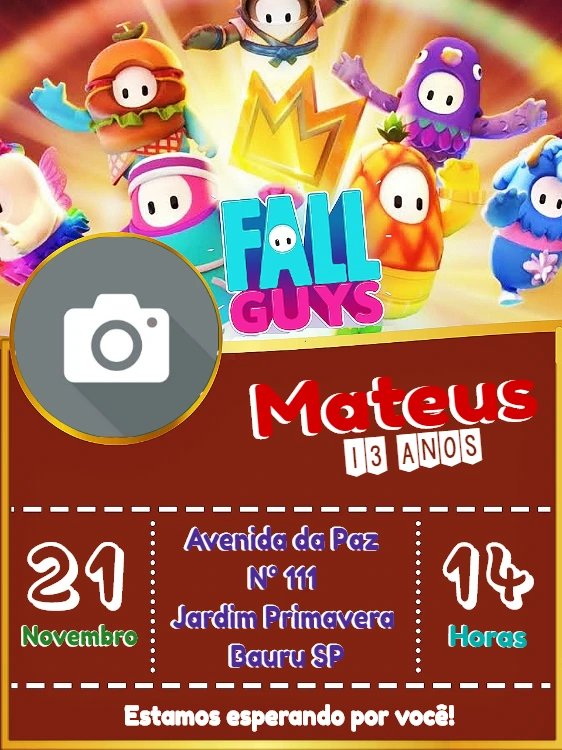 Convite de Aniversário Fall Guys com Foto para Editar Online