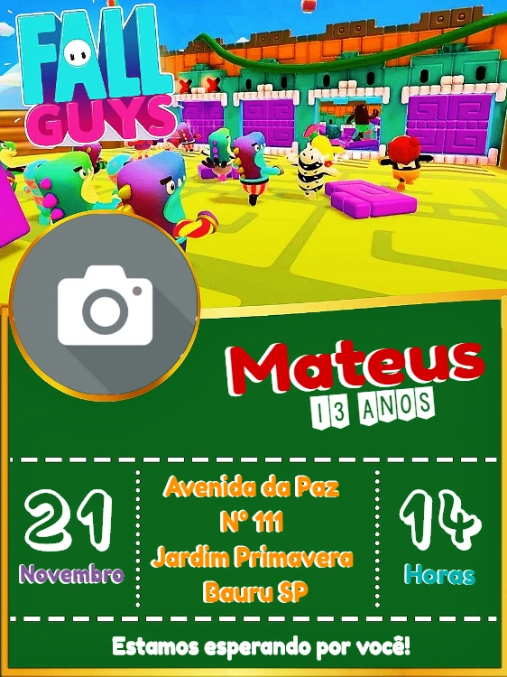 Convite Aniversário Fall Guys com Foto para Editar Online