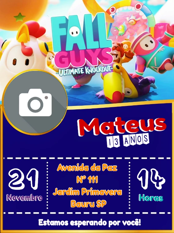Convite Aniversário Fall Guys com Foto para Editar Online