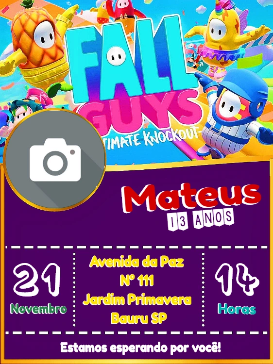 Convite Aniversário Fall Guys com Foto para Editar Online