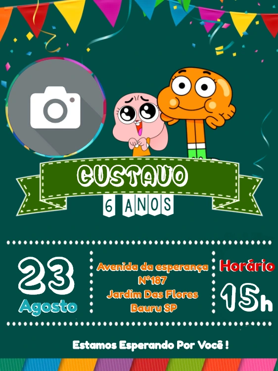 Convite Aniversário Gumball com Foto para Editar Online