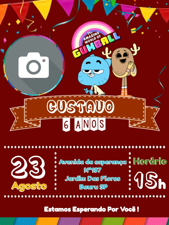 Convite Aniversário Gumball com Foto para Editar Online