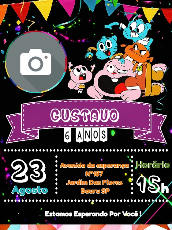 Convite Aniversário Gumball com Foto para Editar Online