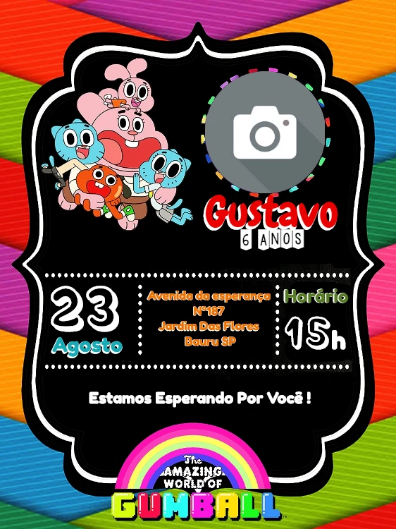 Convite Aniversário Gumball com Foto para Editar Online